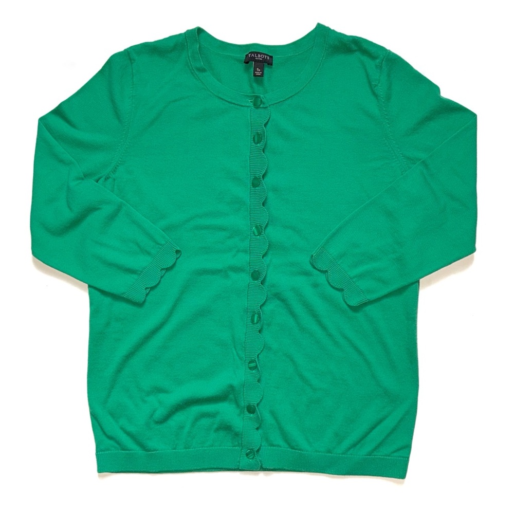 Talbots Kelly Green Cardigan Sweater SP Scalloped Edge Small Petite PS - Picture 4 of 9